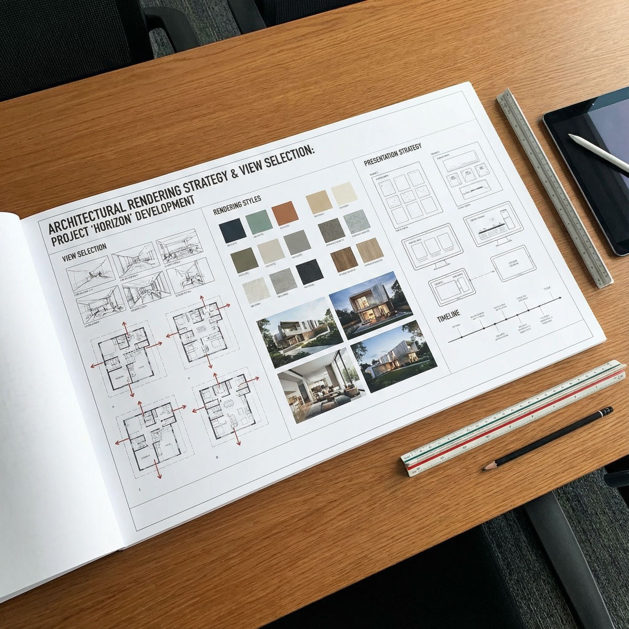 A detailed architectural rendering plan document showing view selection, rendering styles, and presentation strategy, professional layout, modern design aesthetic, high quality