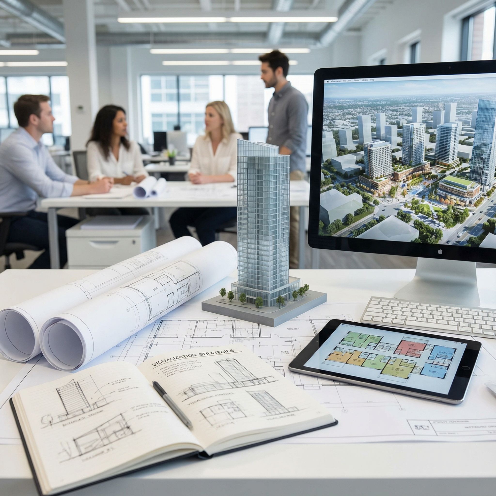 A professional architectural rendering workspace showing detailed rendering plans, floor plans, 3D models, and visualization strategies laid out on a modern design desk, high quality, professional photography