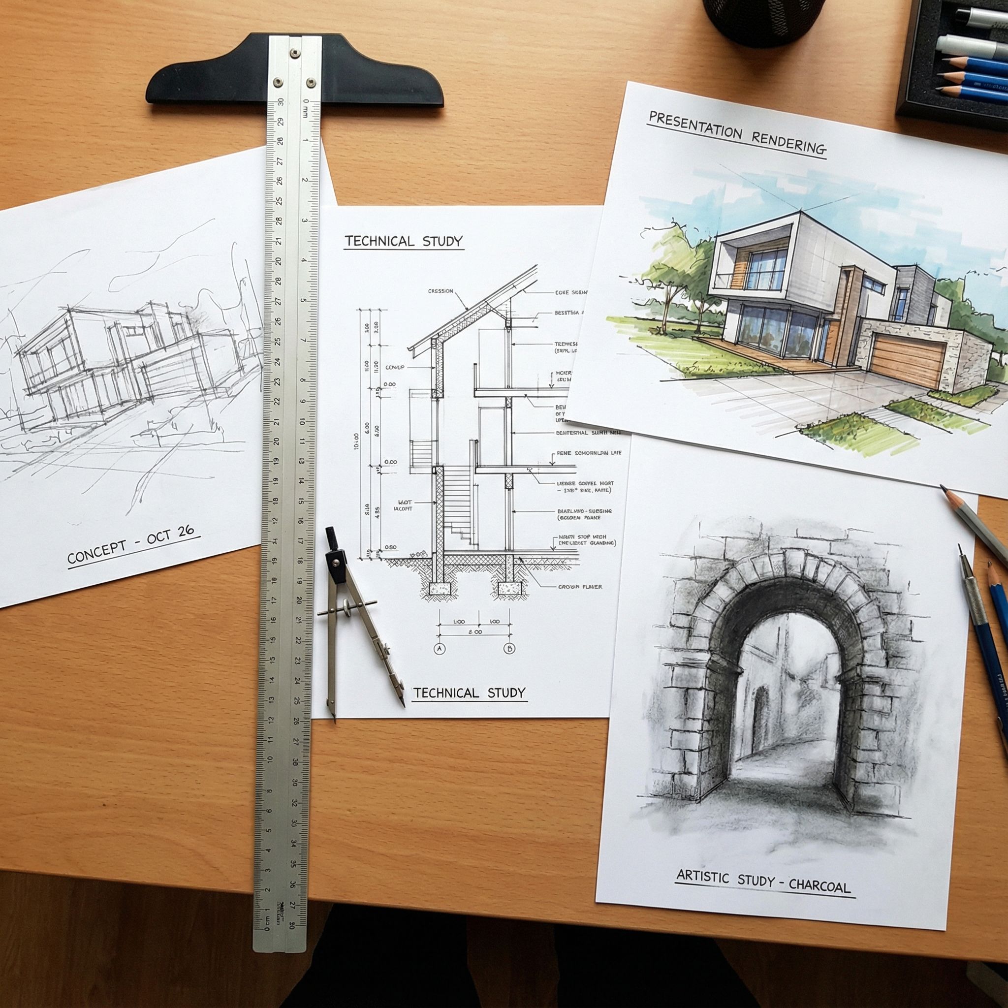 A collection of architectural hand sketches showing different visualization techniques, from rough concept drawings to detailed technical sketches, professional presentation, artistic quality