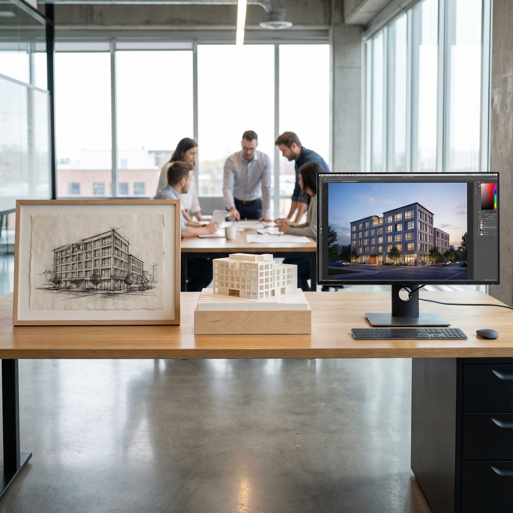 A professional architectural visualization workspace showing multiple rendering techniques side by side, including hand sketches, 3D models, and photorealistic renders, modern design studio, high quality