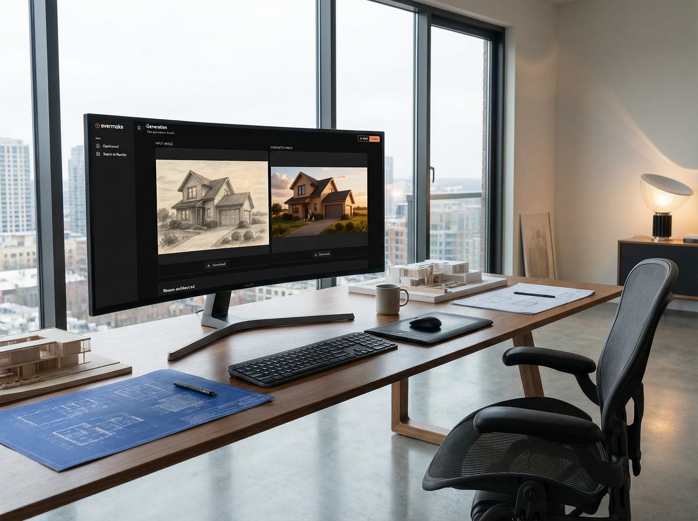 Side-by-side comparison showing a hand-drawn architectural sketch transforming into a photorealistic professional render, demonstrating Evermake's capabilities, modern presentation style