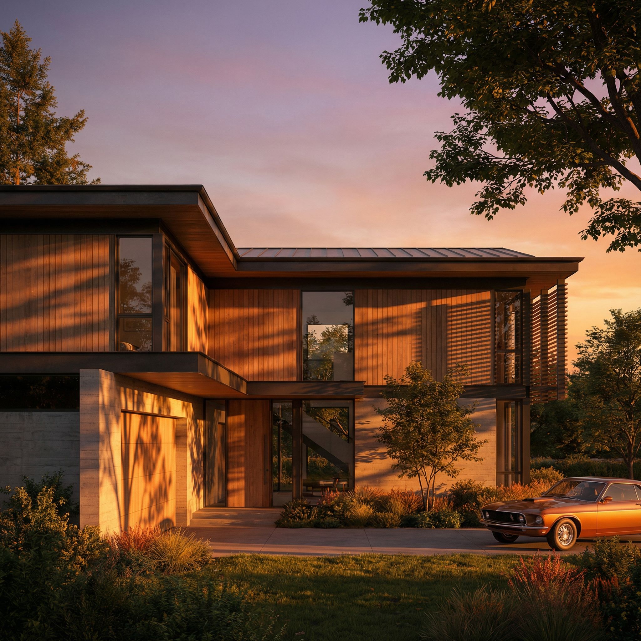 Exterior house render showing golden hour lighting on modern residential home with warm afternoon sunlight creating dramatic shadows