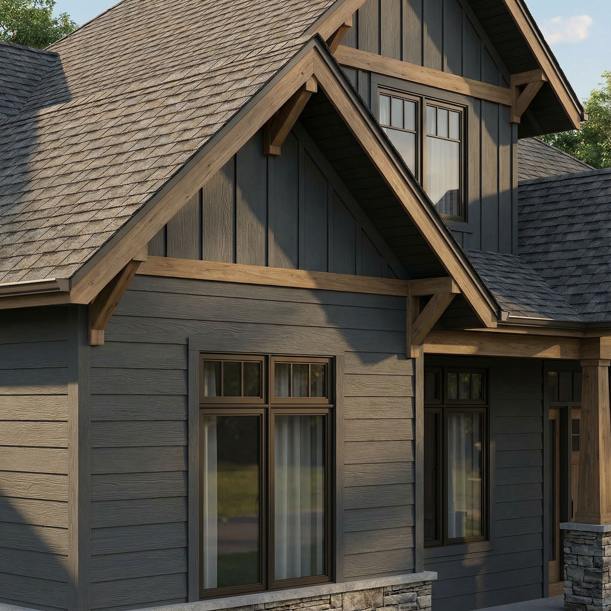 Professional exterior house render showcasing material details including siding, roofing, windows, and trim materials with realistic textures