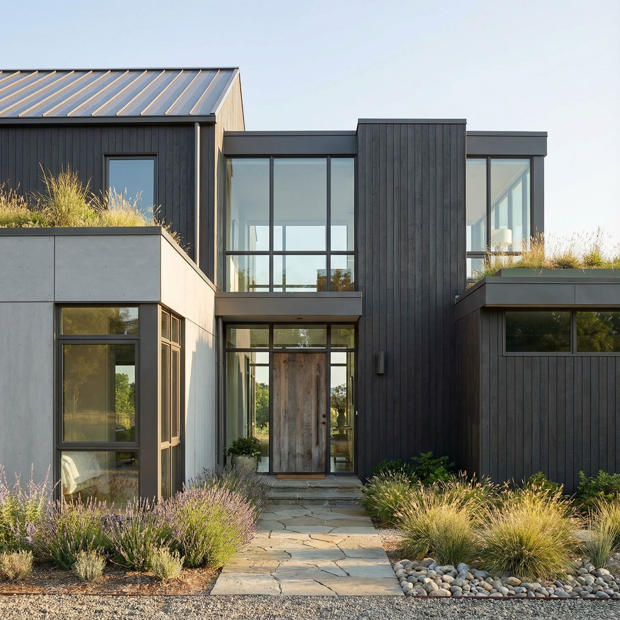 Professional house design render showcasing different material applications - siding, roofing, windows, and landscaping details with realistic textures